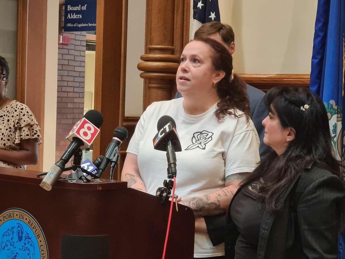 Melissa Acquefreda of Derby speaks about her daughter's, Rosali, at New Haven City Hall Oct. 3, 2022.