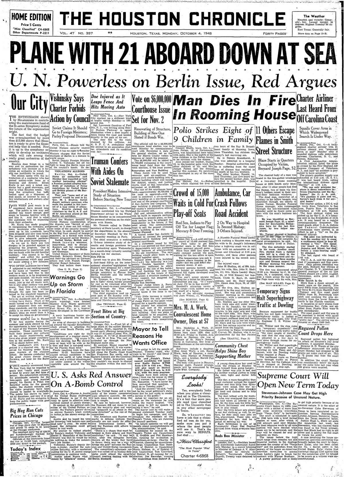 Houston Chronicle front page from Oct. 4, 1948.