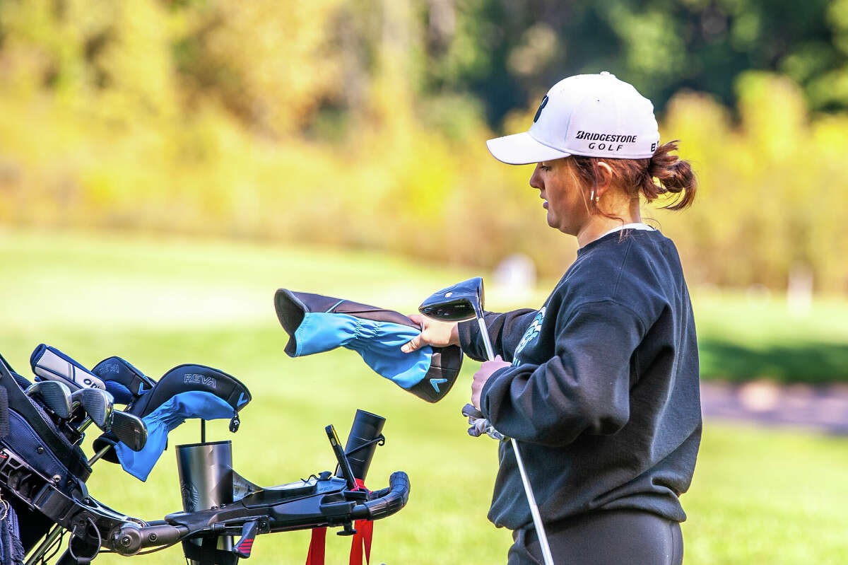 Midland High golfer Megan Haskell prepares for a driving shot at the Regional Golf Meet on Oct. 3, 2022 at the Currie Golf Course in Midland.