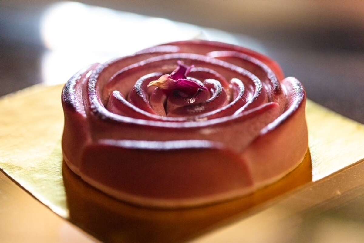 A rose-shaped pastry from Dogue in S.F., made from wild venison heart and organic beet root.