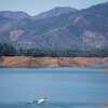 A boat pilots across Shasta Lake, which has dipped to below-average levels after three years of drought, as seen on Aug. 26, 2022.