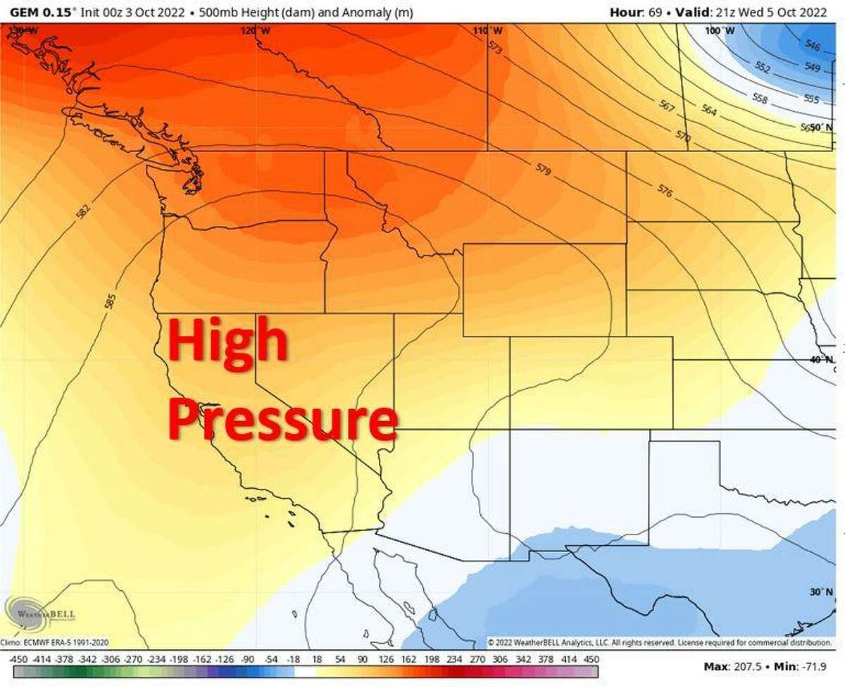 A ridge of high pressure will anchor itself over California and the Pacific Northwest Tuesday, bringing a 3—5 degree warming trend to the Bay Area.