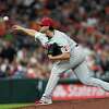 Philadelphia Phillies starting pitcher Aaron Nola throws against the Houston Astros during the fifth inning of a baseball game Monday, Oct. 3, 2022, in Houston.