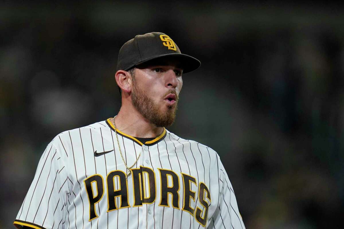 San Diego Padres starting pitcher Joe Musgrove works against a San Francisco Giants batter during the fifth inning of a baseball game Monday, Oct. 3, 2022, in San Diego.(AP Photo/Gregory Bull)