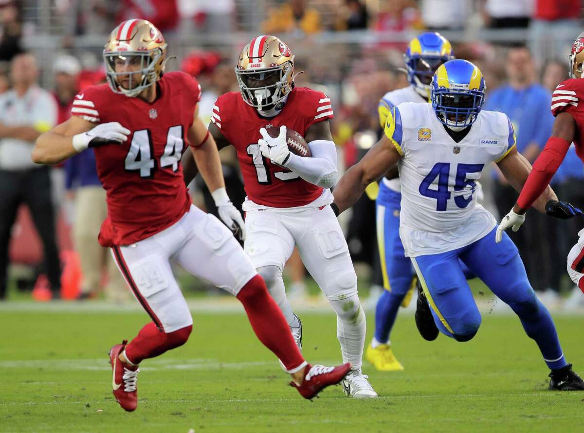 Deebo Samuel(19) cuts through the defense on his way to a touchdown in the first half as the San Francisco 49ers played the Los Angeles Rams at Levi’s Stadium on Monday.