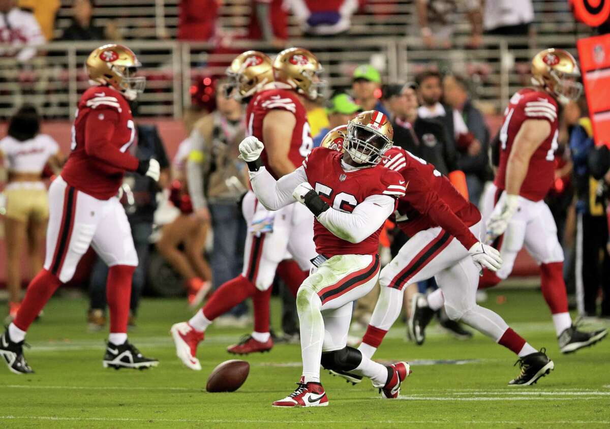 Samson Ebukam(56) celebrates after recovering a fumble late in the fourth quarter as the San Francisco 49ers played the Los Angeles Rams at Levi’s Stadium in Santa Clara, Calif., on Monday, October 03, 2022.