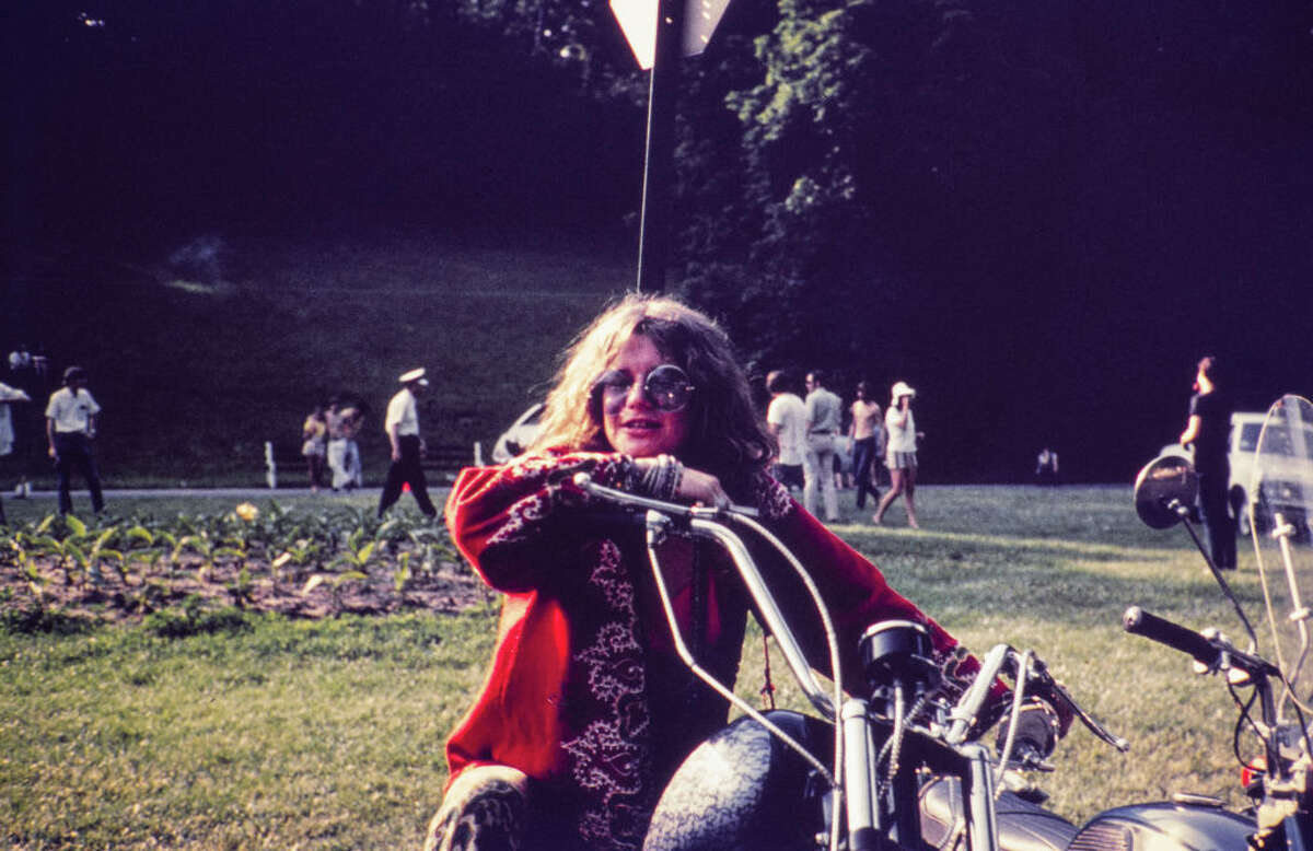 This file photo shows Janis Joplin on motorcycle in Columbus, Ohio in June 1970.