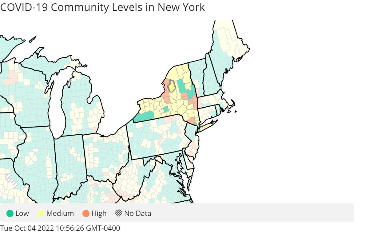 According to the U.S. Centers for Disease Control and Prevention COVID-19 map, updated Sept. 29, 2022, most New York counties have medium or high levels of COVID-19.