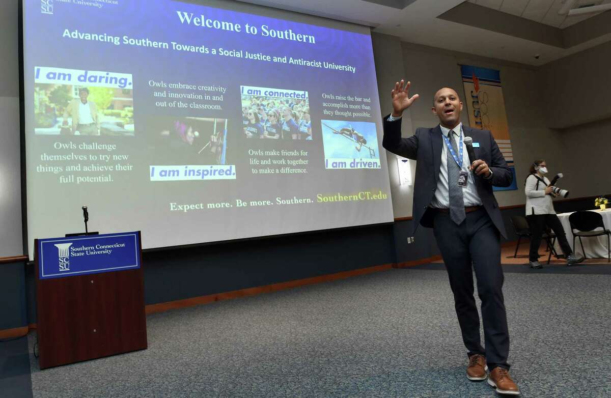 Southern Connecticut State University Director of Admissions Nilvio Perez speaks at the 2nd annual Black & Brown Male Empowerment Conference at Southern Connecticut State University in New Haven on Oct. 4, 2022.