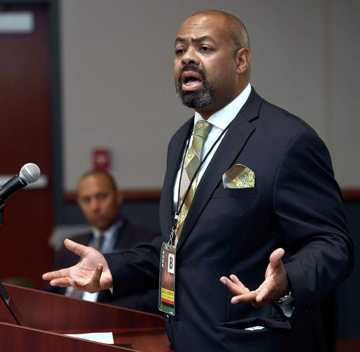 Attorney Michael Jefferson, founder of the Kiyama Movement, speaks at the 2nd annual Black & Brown Male Empowerment Conference at Southern Connecticut State University in New Haven on Oct. 4, 2022.