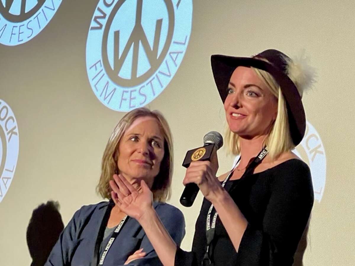 Director Sylvia Caminer, left, and screenwriter and star Dani Barker talk about their feature film, “Follow Her,” a psychological thriller about the dark web, that premiered Saturday at the Woodstock Film Festival. 