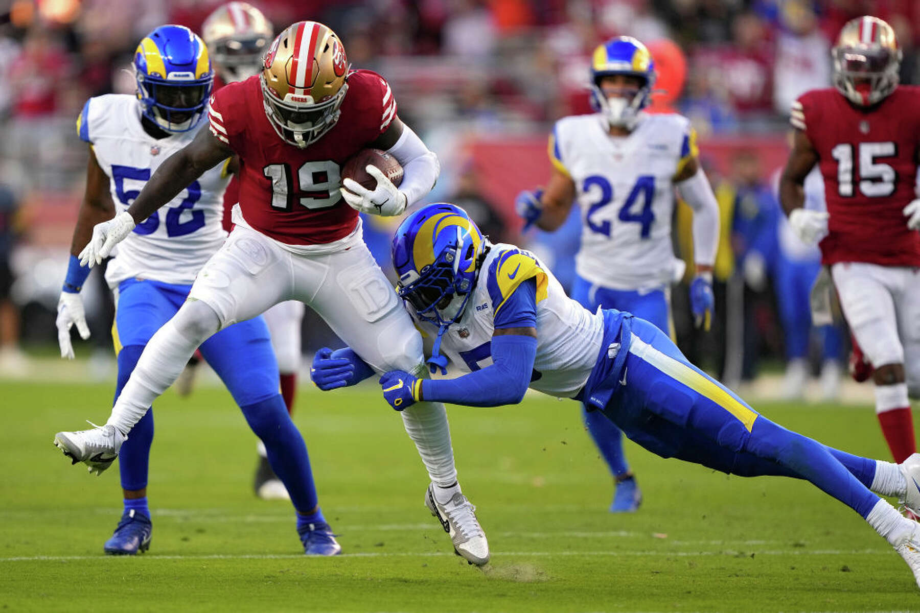 Los Angeles Rams cornerback Jalen Ramsey (5) runs before an NFL football  game against the San Francisco 49ers, Sunday, Oct. 30, 2022, in Inglewood,  Calif. (AP Photo/Kyusung Gong Stock Photo - Alamy