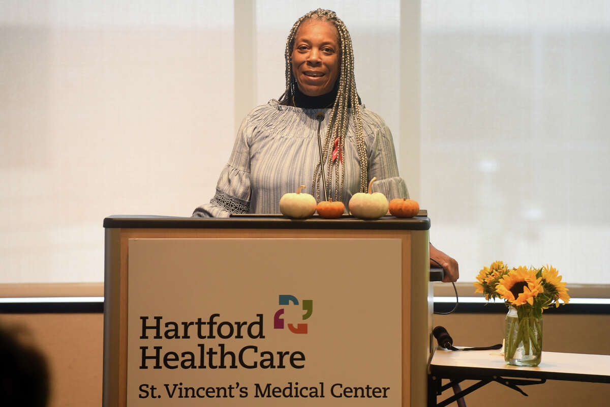 Leatha Crook, a stroke survivor from Stratford, speaks during a stroke health symposium at St. Vincent’s Medical Center, in Bridgeport, Conn. Oct. 4, 2022.