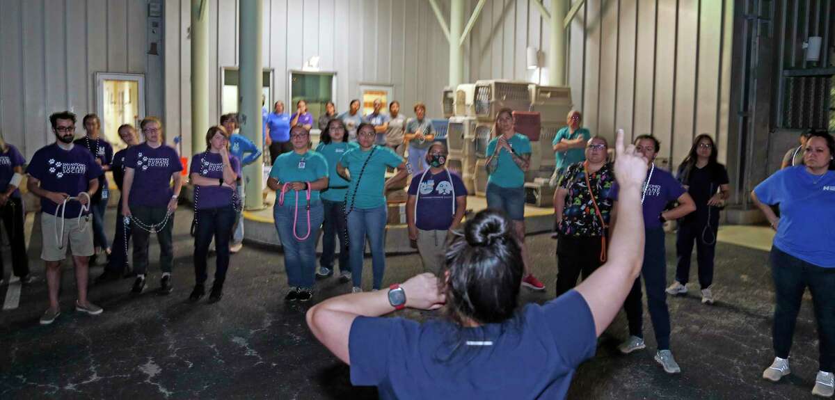 Natasha Hernandez, San Antonio Humane Society medical director, gives instructions to staff and volunteers as a convoy of vehicles carrying dogs and cats arrive. The Humane Society is partnering with Florida animal shelters to help 73 dogs and 30 cats displaced by Hurricane Ian.