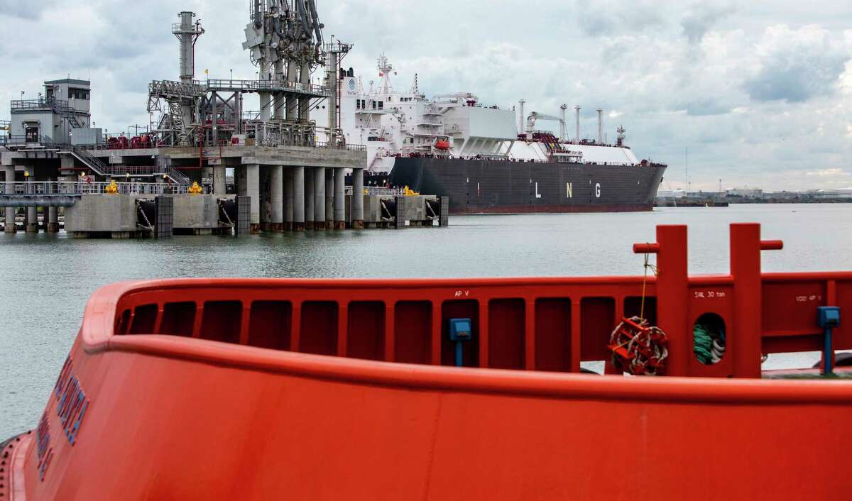 A tanker for carrying liquefied natural gas is seen Tuesday, Oct. 4, 2022 at Cheniere Energy’s Corpus Christi-area LNG facility. The company is in the process of expanding the facility.