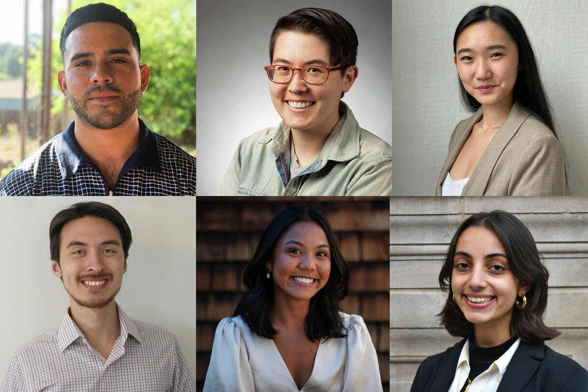 《旧金山纪事报》将于2022年秋季迎来四名赫斯特研究员和两名实习生。从左上到右下:Joel Umanzor, Salgu Wissmath, Claire Hao, Christian Leonard, Sabrina Pascua和Leila Darwiche。