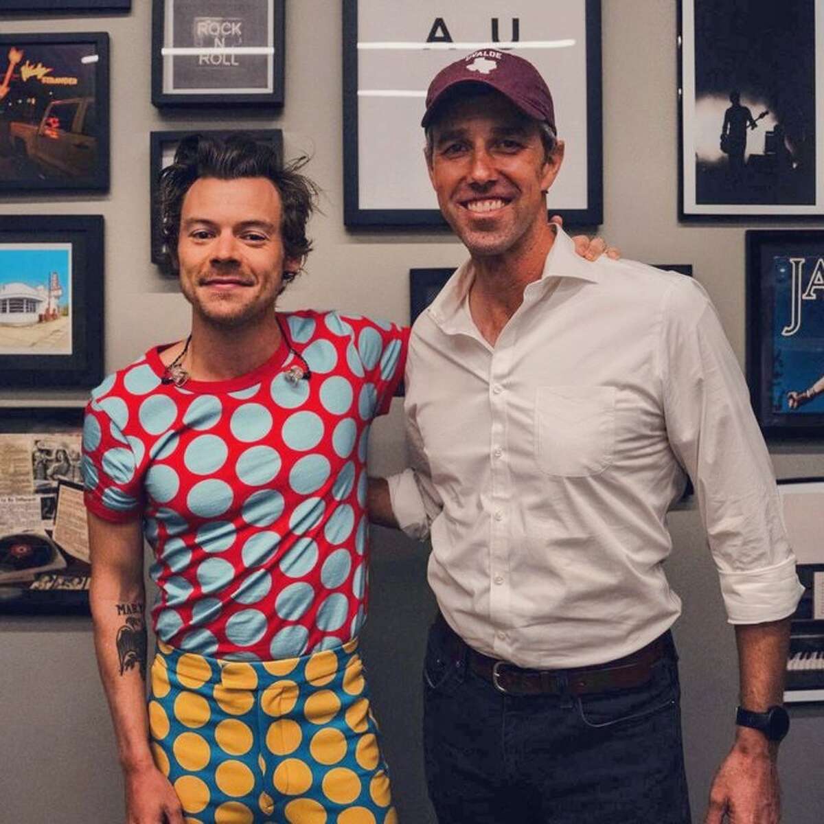 Harry Styles, left, backstage in Austin with Beto O'Rourke.