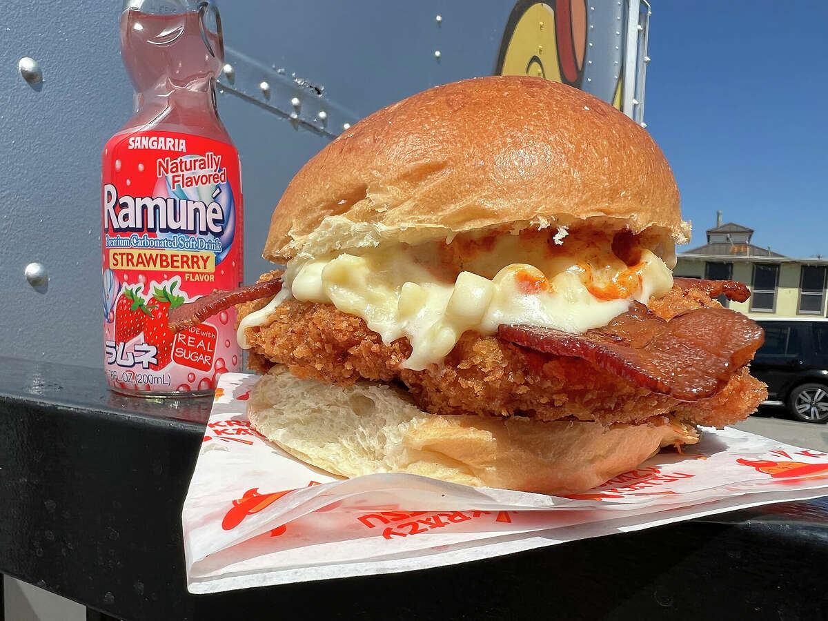 The Deebo sandwich at Krazy Katsu at The Yard near Olmos Park includes panko-breaded fried chicken, spicy aioli, pickles, bacon and macaroni and cheese. 