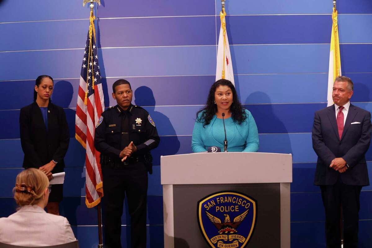 Mayor London Breed discusses police data on drug seizures during a press conference on Oct. 5 with District Attorney Brooke Jenkins (left), Police Chief Bill Scott and District Six Supervisor Matt Dorsey.