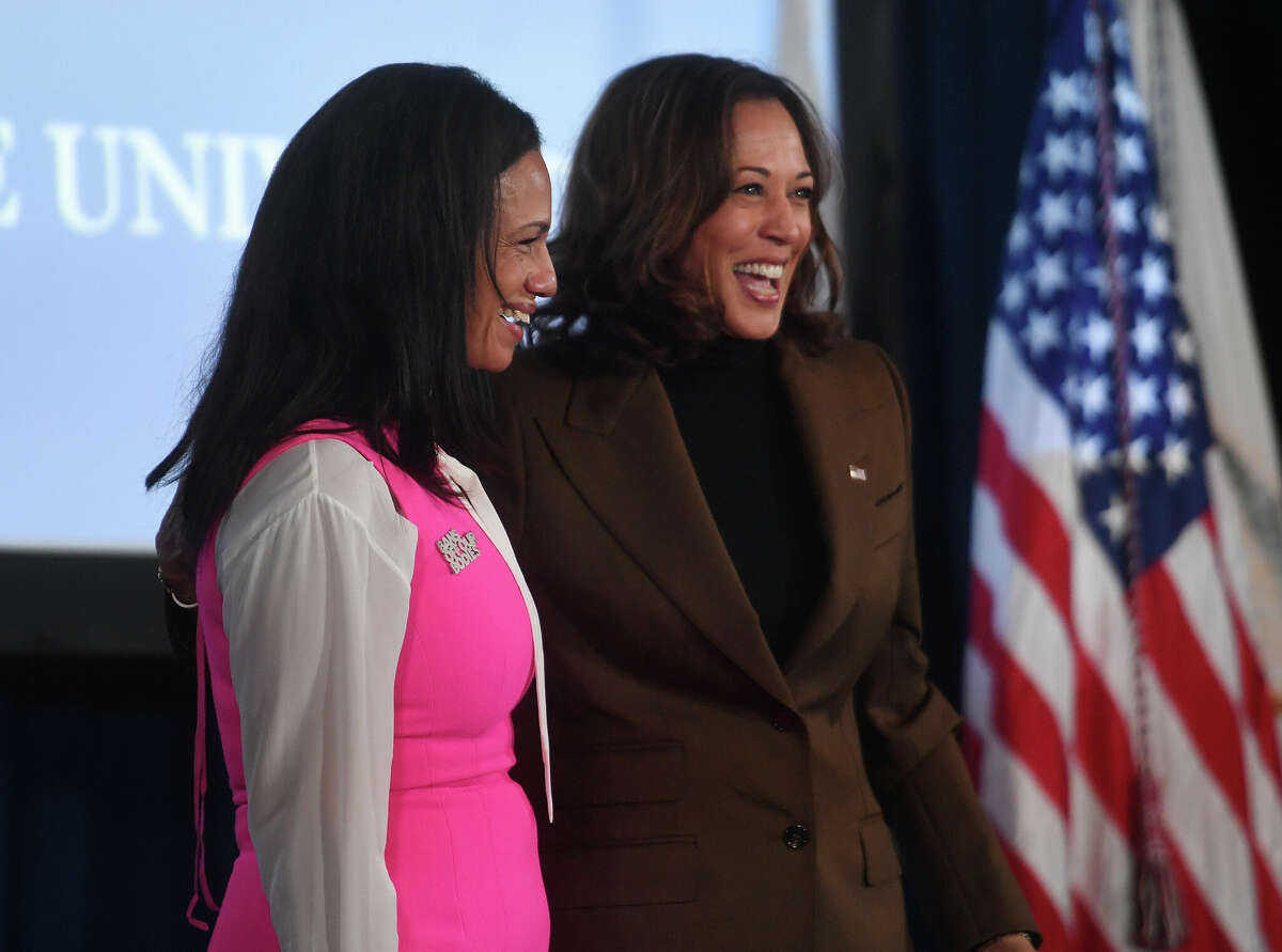 Vice President Kamala Harris, right, joins Planned Parenthood Director Alexis McGill-Johnson for a reproductive rights conversation at Central Connecticut State University in New Britain, Conn. on Wednesday, October 5, 2022.