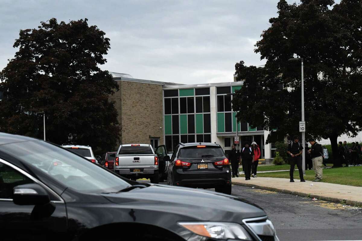 Traffic heads past Green Tech High School at dismissal time on Wednesday, Oct. 5, 2022, in Albany, N.Y.