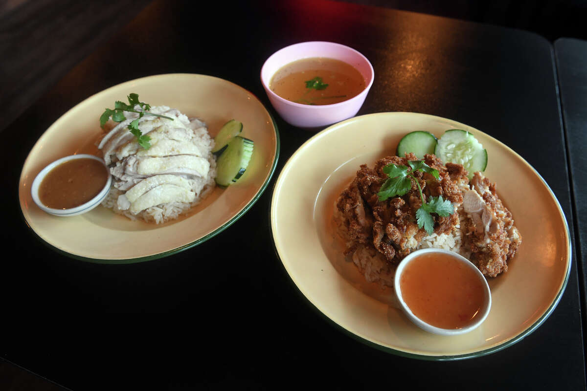 Two plates of Khao Man Gai, Thai styled chicken and rice at Gai-Ja Chicken Rice, a new restaurant in Fairfield, Conn. Oct. 5, 2022.