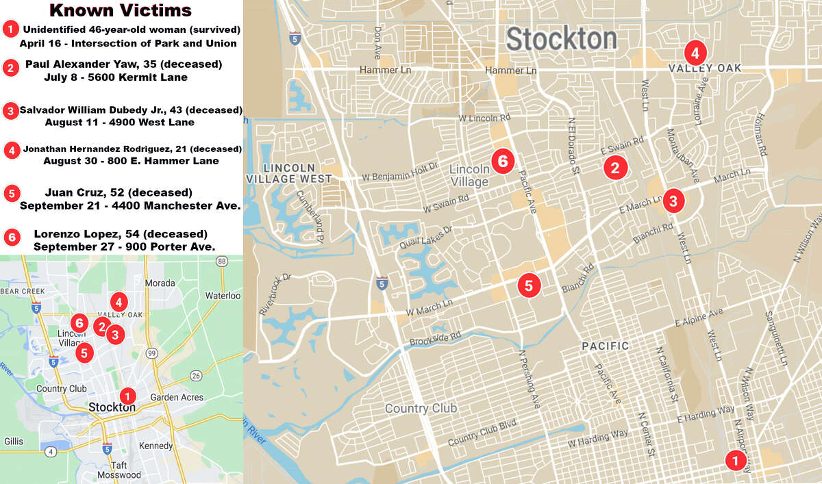 A map showing the locations of the six recent attacks in the city of Stockton that resulted in five deaths. 