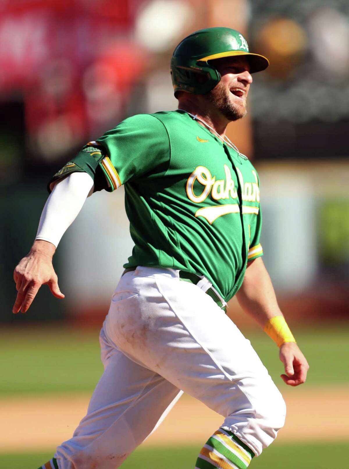 Oakland Athletics’ Stephen Vogt celebrates his home run in the final at bat of his career in 7th inning against Los Angeles Angels during MLB game at Oakland Coliseum in Oakland, Calif., on Wednesday, October 5, 2022.