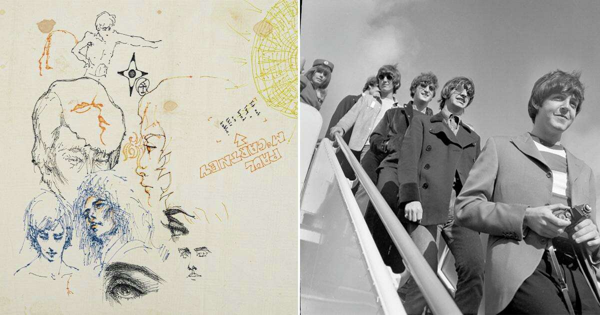 这张合成照片是披头士乐队在烛台公园举行的最后一场美国演唱会中使用并签名的桌布，以及乐队在演出前抵达旧金山的照片。