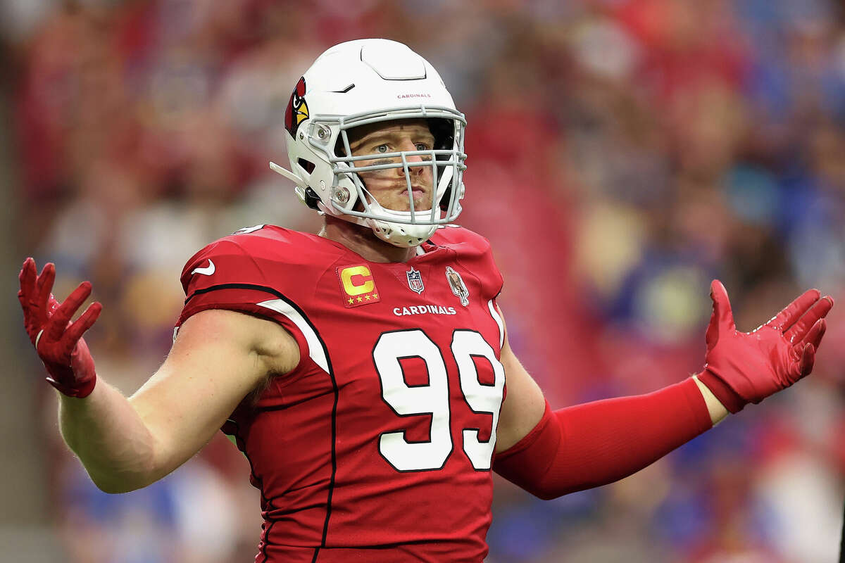 Defensive end J.J. Watt (99) of the Arizona Cardinals reacts after a sack against the Los Angeles Rams at State Farm Stadium on Sept. 25, 2022 in Glendale, Arizona.