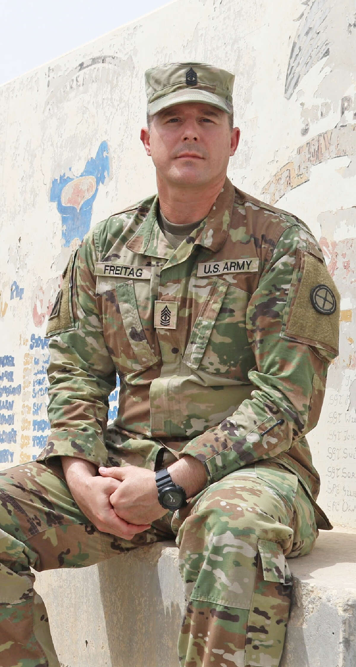Army First Sergeant Clint Freitag, a longtime Edwardsville resident, suffered a spinal injury on Sept. 10 while on deployment in Kuwait. He recently returned to the U.S. and had surgery Wednesday at Walter Reed National Military Medical Center in Washington, D.C.