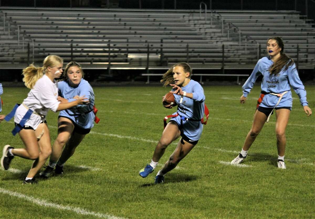 Manistee High School junior class defeats the sophomores 20-7 Wednesday in the powderpuff football finals at Chippewa Field.
