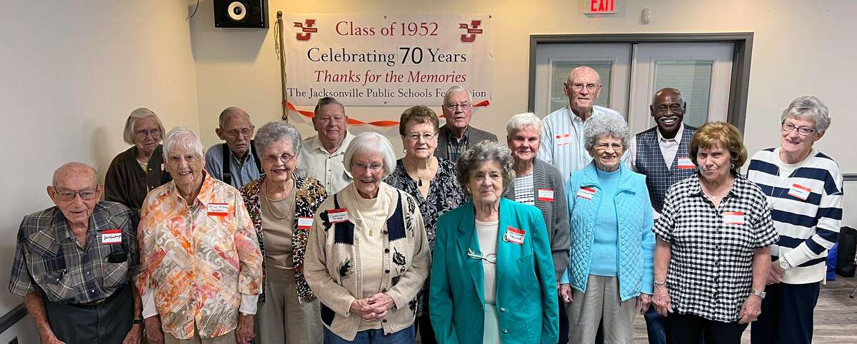 Jacksonville High School’s Class of 1952 had its 70th class reunion Oct. 1 at Jacksonville AmVets. The class held its first reunion — its five-year reunion — at AmVets in 1957.  Those attending the 70th reunion included Jim Hembrough (from left), Mildred Dixon Brogdon, Alice McNeely Spradlin, Jim Meyer, Elizabeth Muntman Suttles, Richard VanBebber, Donna Spradlin Nickel, Marian Willets Manker, Shelby Hamilton, JoAnn Crawford Steinbeck, Martha Covey Aring, Bob Hall, Clementina Bentena Imhoff, Leslie Turner, Velma Vieira Menghini and Frances Ford Edwards.