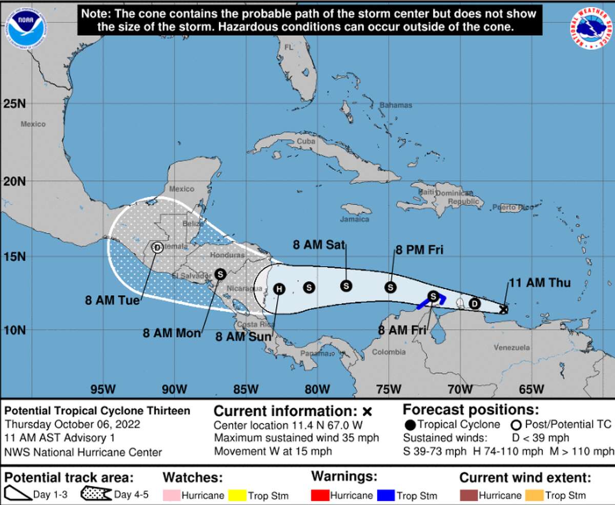 The current forecast track of potential Tropical Cyclone 13, Oct. 6, 2022.