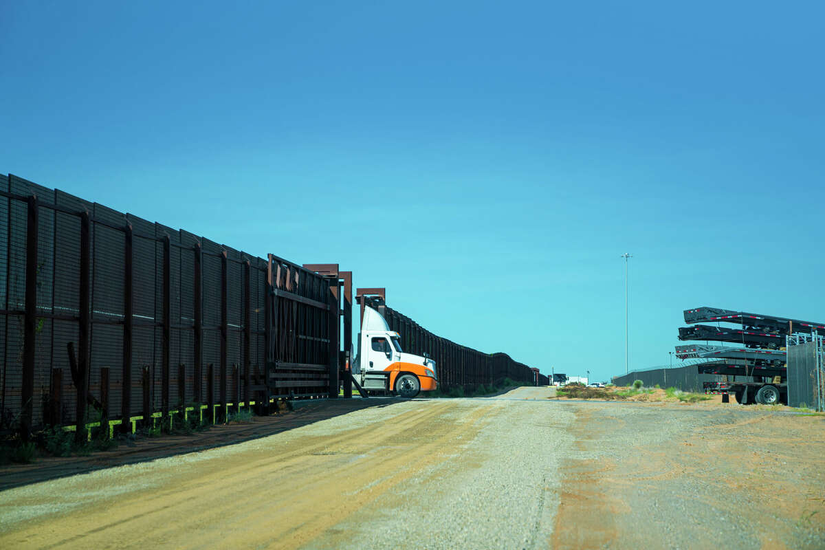 A file photo shows a truck awaiting inspection at the U.S.-Mexico border.
