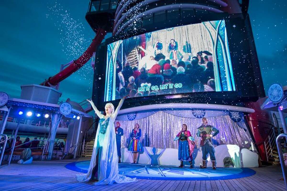 Elsa from Disney's "Frozen" performs as part of a special show aboard Disney Cruise Line's Alaska voyages. The travel lines cold-weather cruises include many nods to that beloved animated movie.