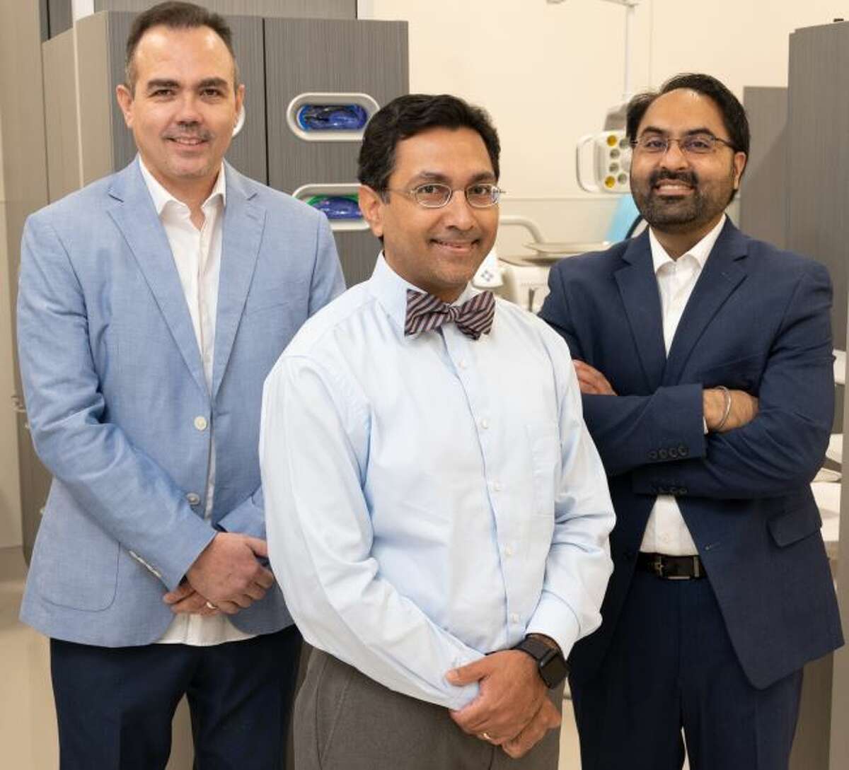 The Southern Illinois University School of Dental Medicine has expanded its graduate offerings with a specialty training program in orthodontics. Pictured are, from left, ) SIU SDM orthodontics resident Feras Al Khatib, DMD; Achint Utreja, DDS, MS, PhD, director of the orthodontics graduate program; and Amritpal Kullar, DMD, orthodontics resident.