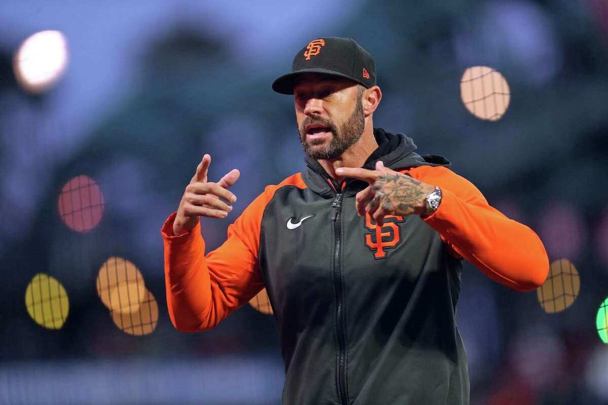 San Francisco Giants’ manager Gabe Kapler calls for a replay after a Mike Yastrzemski single and an overthrow by Colorado Rockies in 1st inning of MLB game at Oracle Park in San Francisco, Calif., on Wednesday, September 28, 2022.