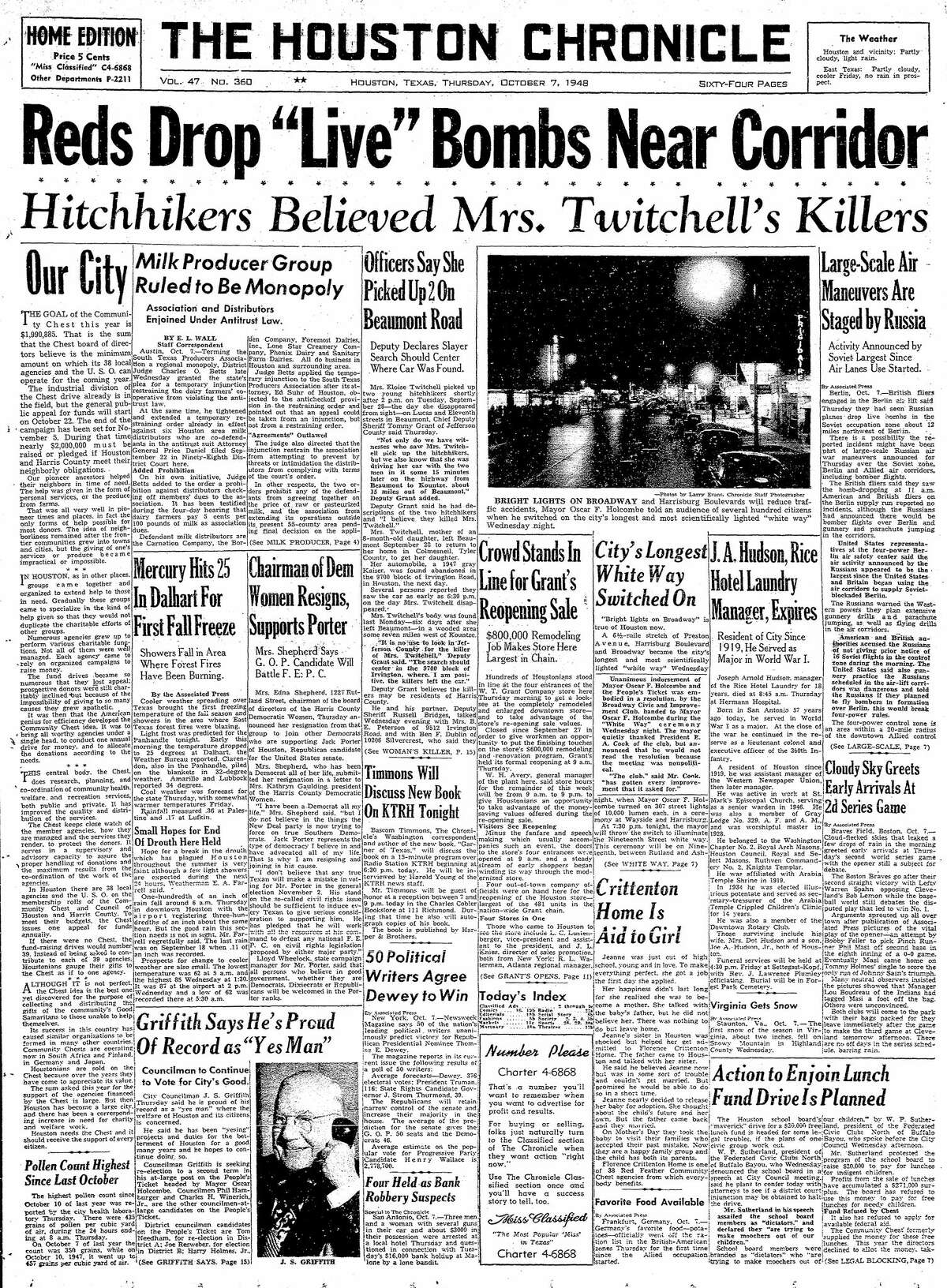 Houston Chronicle front page for Oct. 7, 1948.