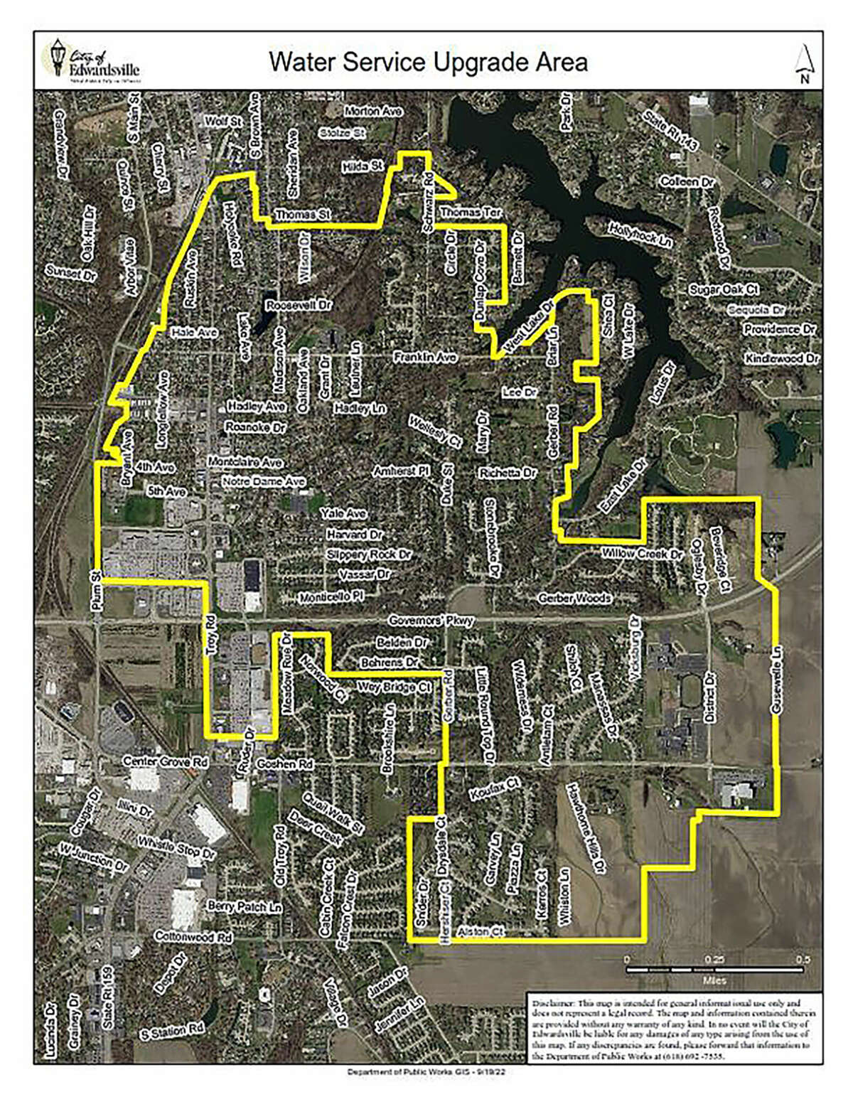 Anywhere within the yellow border is where the first phase of the water meter changeout will happen in Edwardsville. 
