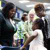 Annette Gordon-Reed, left, visits with first grader Peyton Williams with her mom, Tarsha Hicks, before a dedication ceremony for the elementary school named in Gordon-Reed’s honor, Thursday, Oct. 6, 2022. Gordon-Reed won the 2009 Pulitzer Prize in History, and was the first African American student to attend a Conroe ISD school in the mid-‘60s.