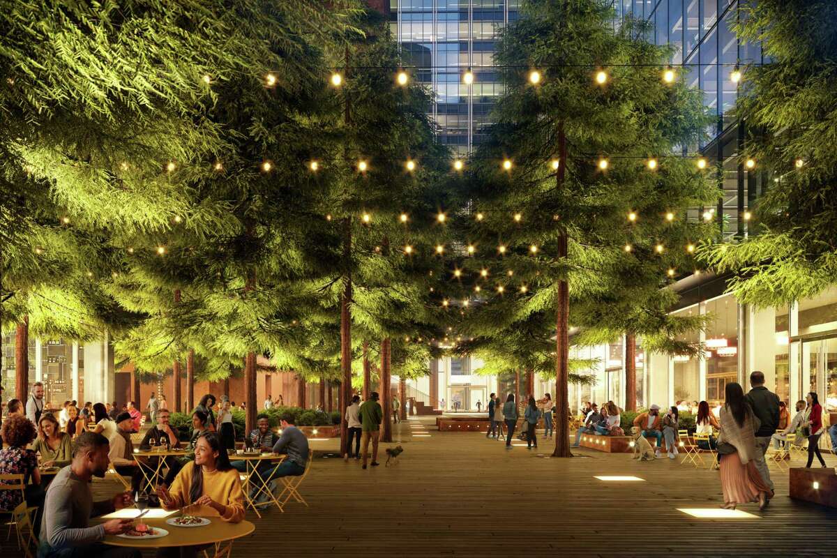 A stand of 75 redwood trees would provide a leafy canopy towering above a central open space in the proposed City Grove development.