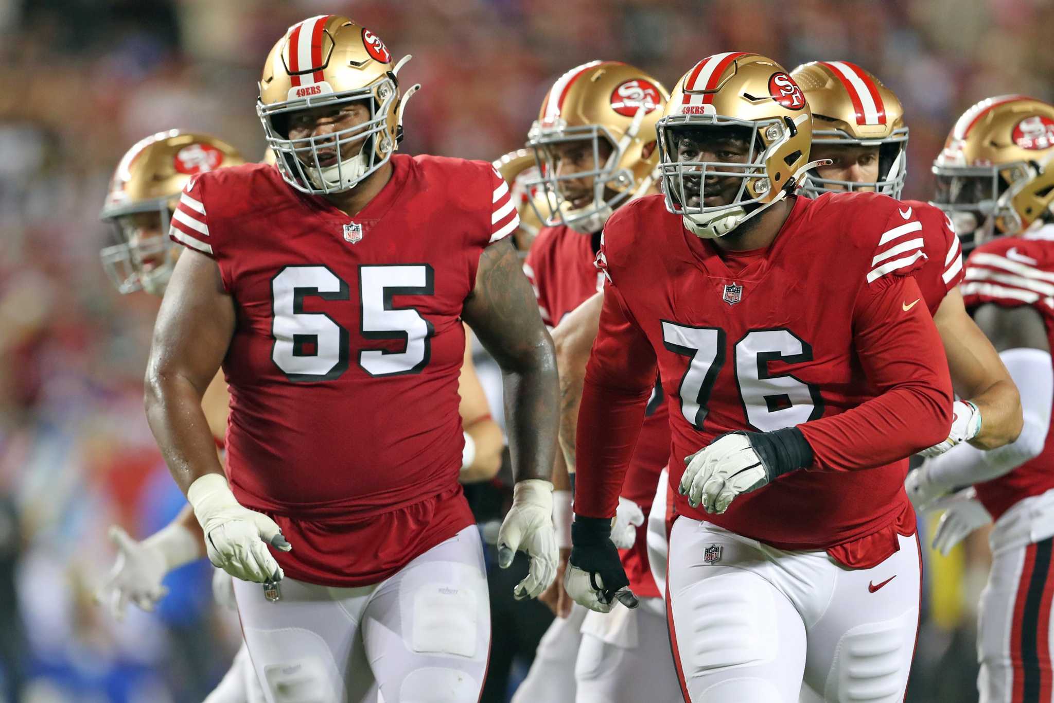 San Francisco 49ers offensive tackle Jaylon Moore (76) walks off