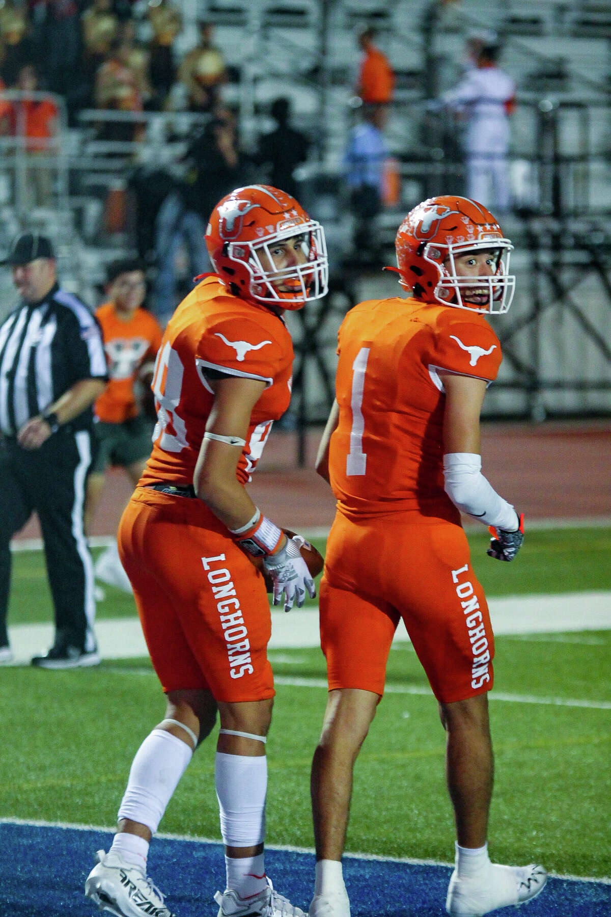 Ramon Chavez (88) and Christian Saldana (1) during the Longhorns match-up against the United South Panthers on Oct. 6, 2022. 