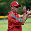 Cheshire coach Mike Lussier stands at third base in the Class LL quarterfinals at Cheshire on Saturday, June 1, 2019. (Pete Paguaga, Hearst Connecticut Media)