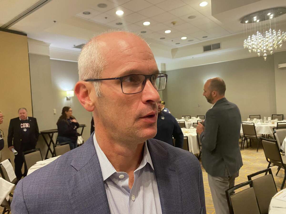 Dan Hurley talks to reporters after addressing the Middlesex Chamber of Commerce on Friday morning.