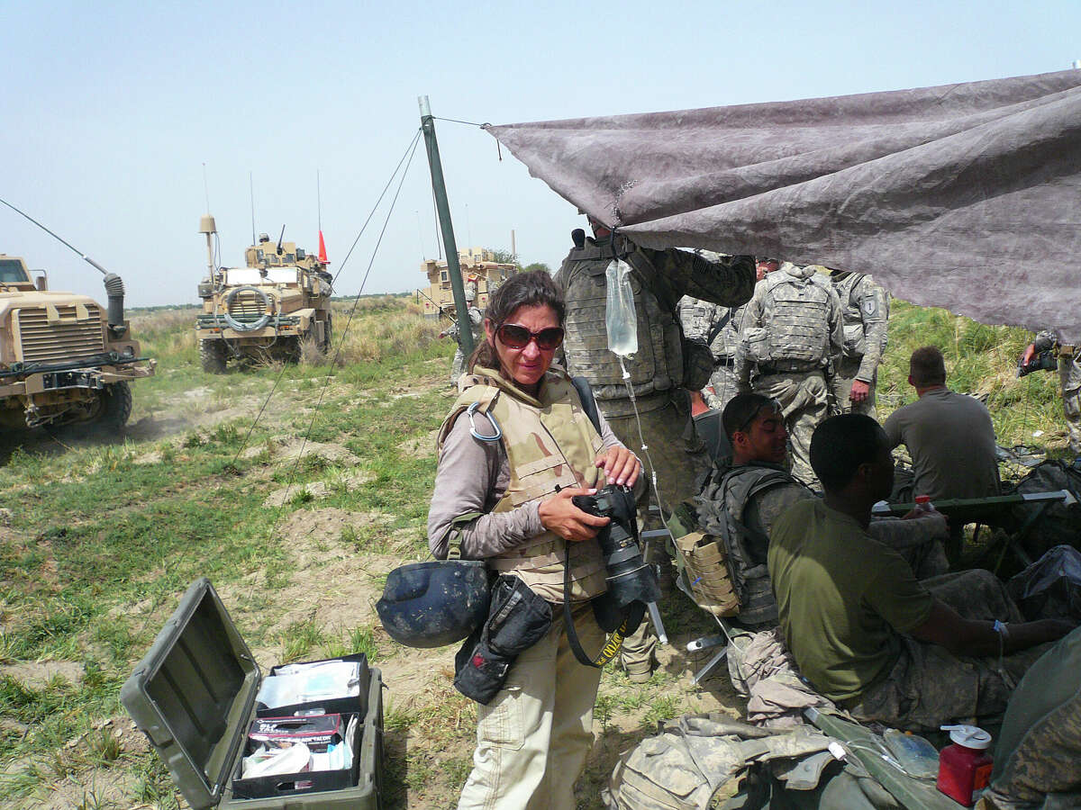 Lynsey Addario during an embed with the Marines in Helmand province, Afghanistan, April 2009.