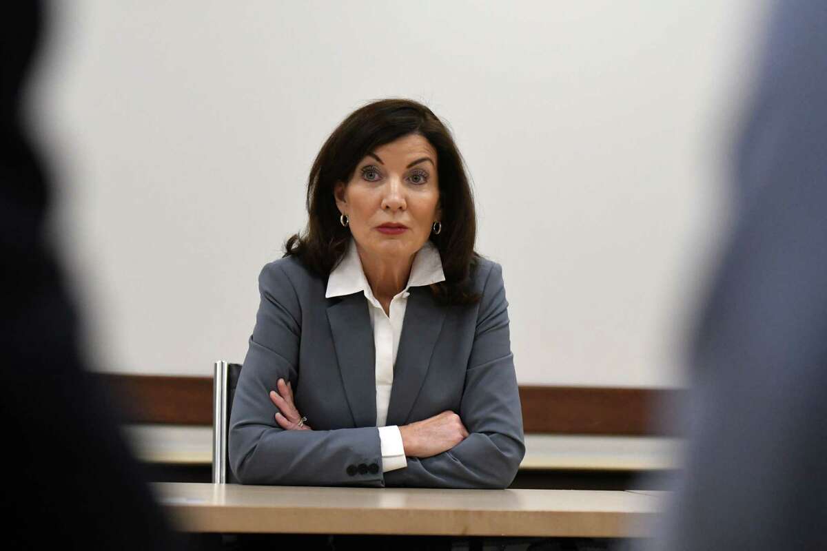 Gov. Kathy Hochul is interviewed during a Times Union editorial board meeting on Tuesday, Oct. 4, 2022, at the Hearst Media Center in Colonie, N.Y.