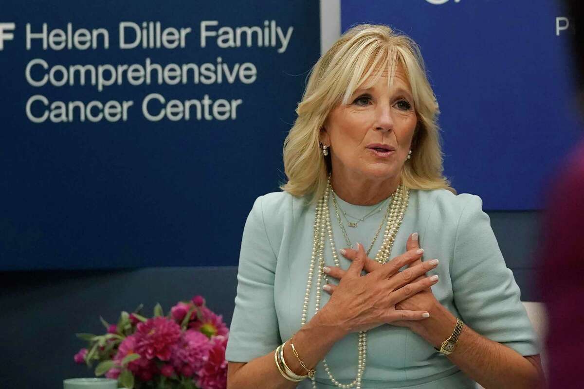 First Lady Jill Biden meets with medical professionals and students during a visit to the UCSF Helen Diller Family Comprehensive Cancer Center.