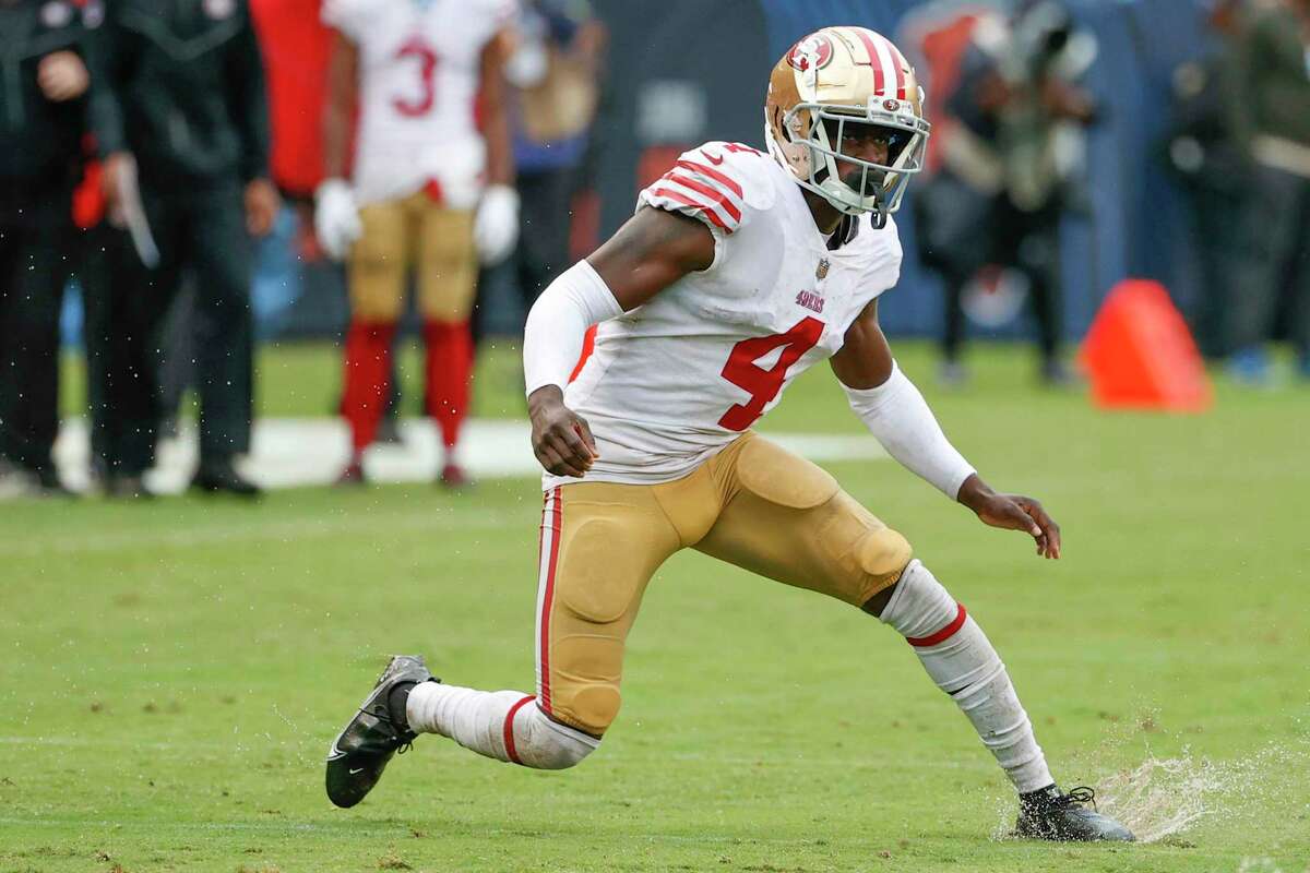 San Francisco 49ers cornerback Emmanuel Moseley (4) runs on the field during the first half of an NFL football game against the Chicago Bears, Sunday, Sept. 11, 2022, in Chicago. (AP Photo/Kamil Krzaczynski)
